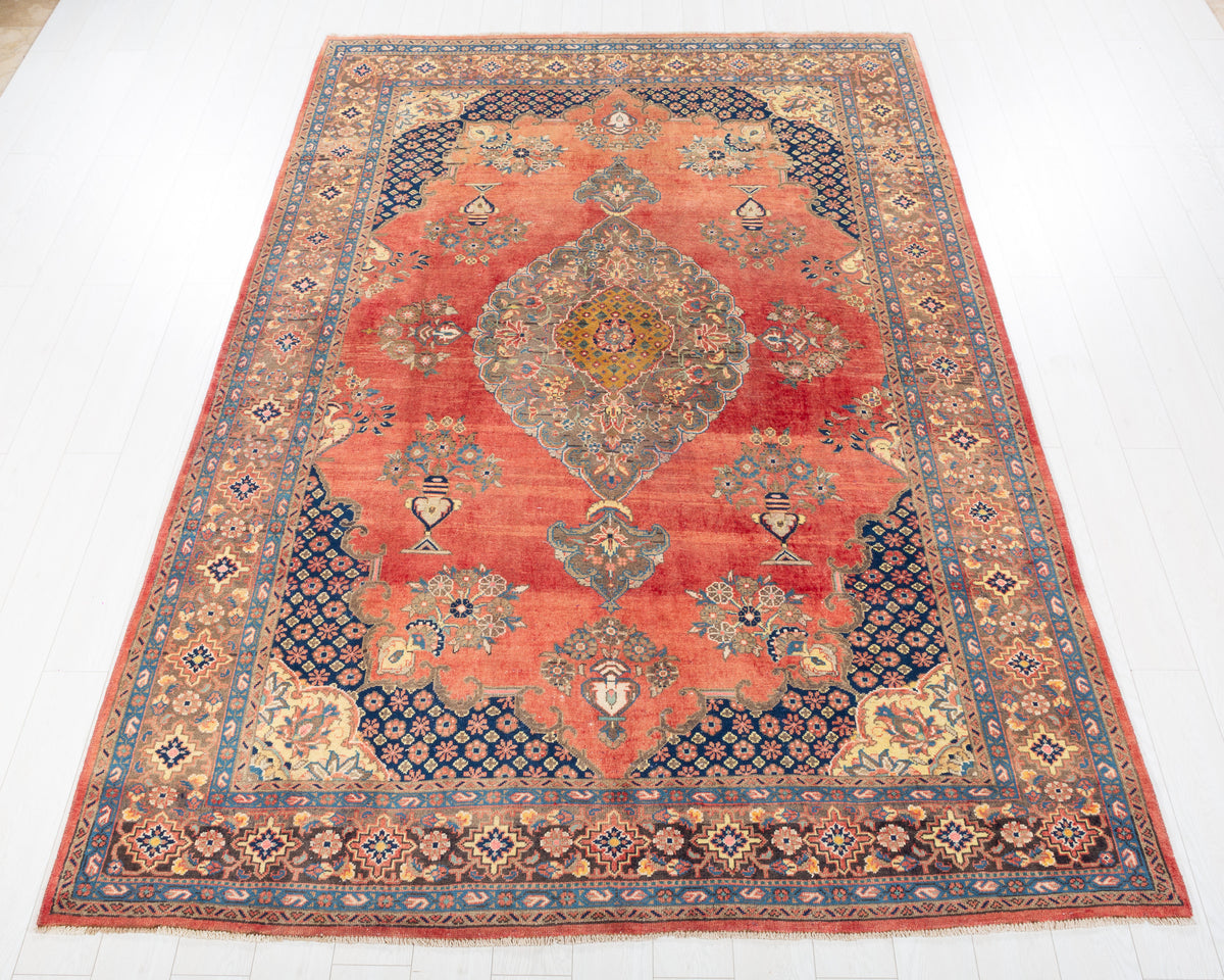 Collectible Vintage Khansar Faded red and beige Floral Rug, 7x10 – 9' 10" x 6' 10" (300 x 209 cm) – main view