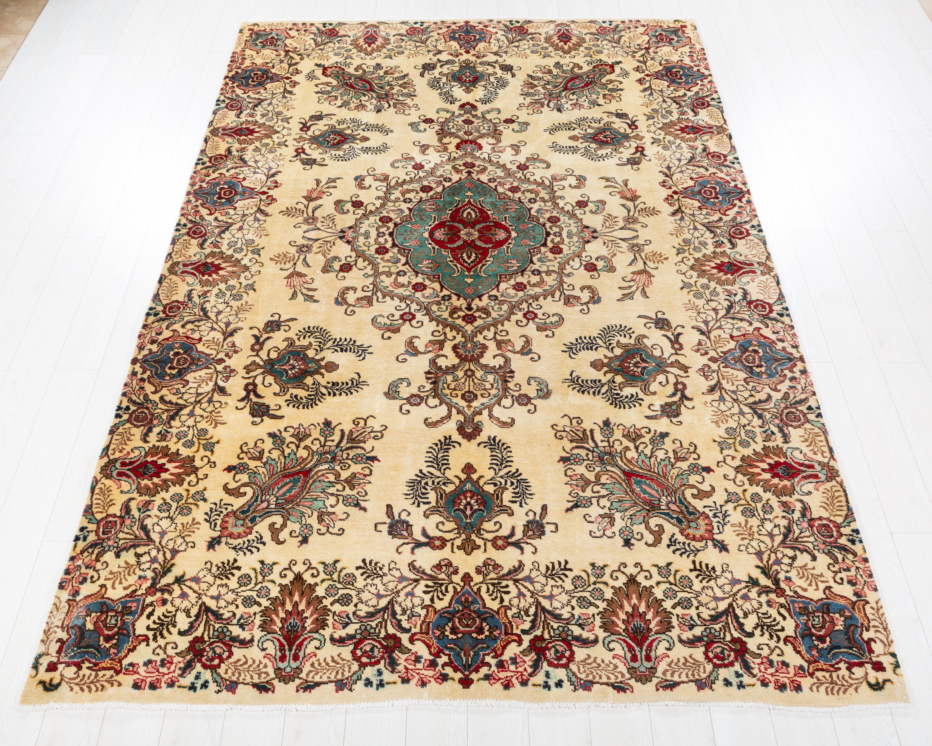 Collectible Vintage Kirman Warm beige and red Floral Rug, 7x10 – 10' 3" x 7' 0" (312 x 214 cm) – main view