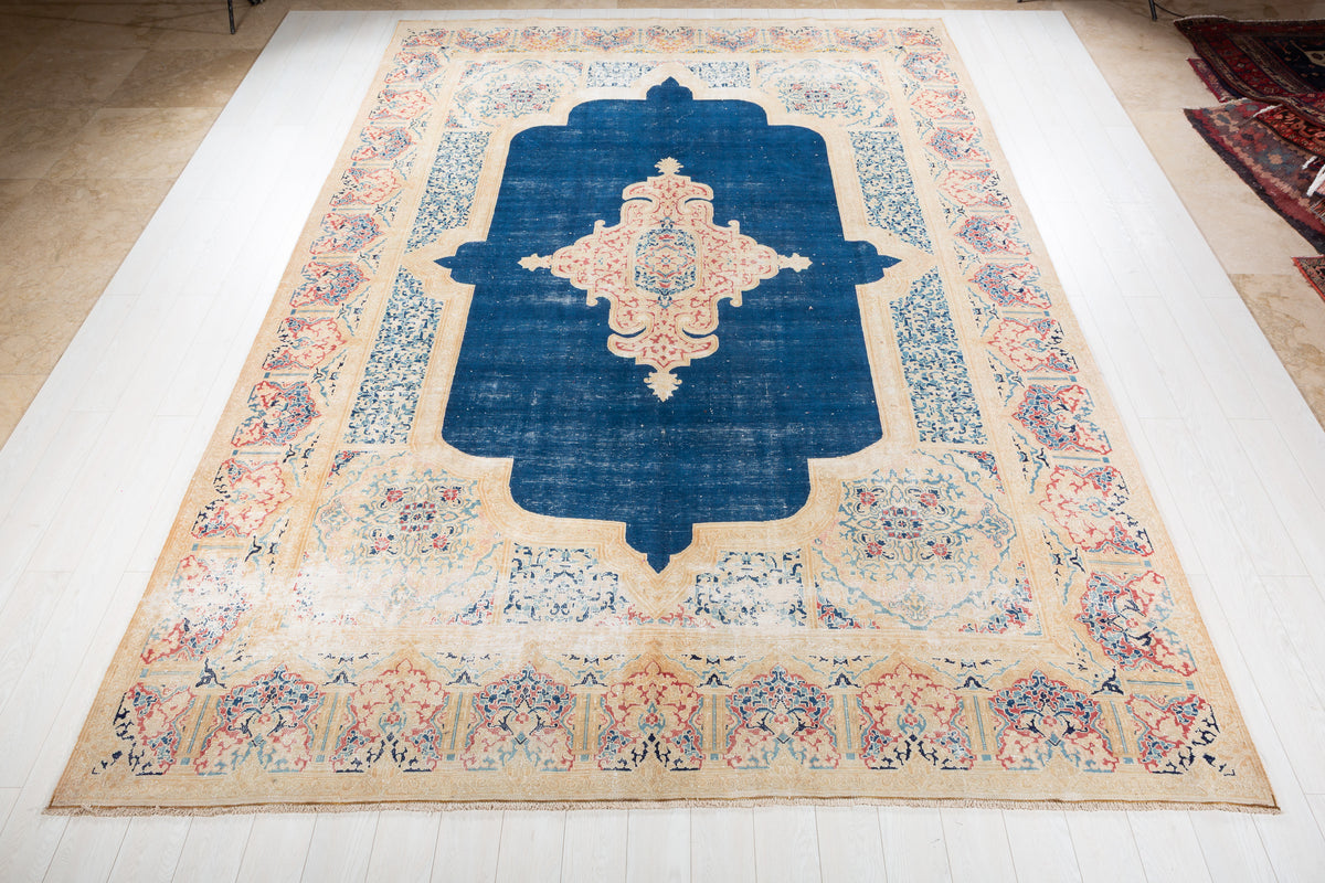 Collectible Vintage Kirman Navy blue Floral Rug, 10x14 – 13' 7" x 9' 7" (413 x 292 cm) – main view