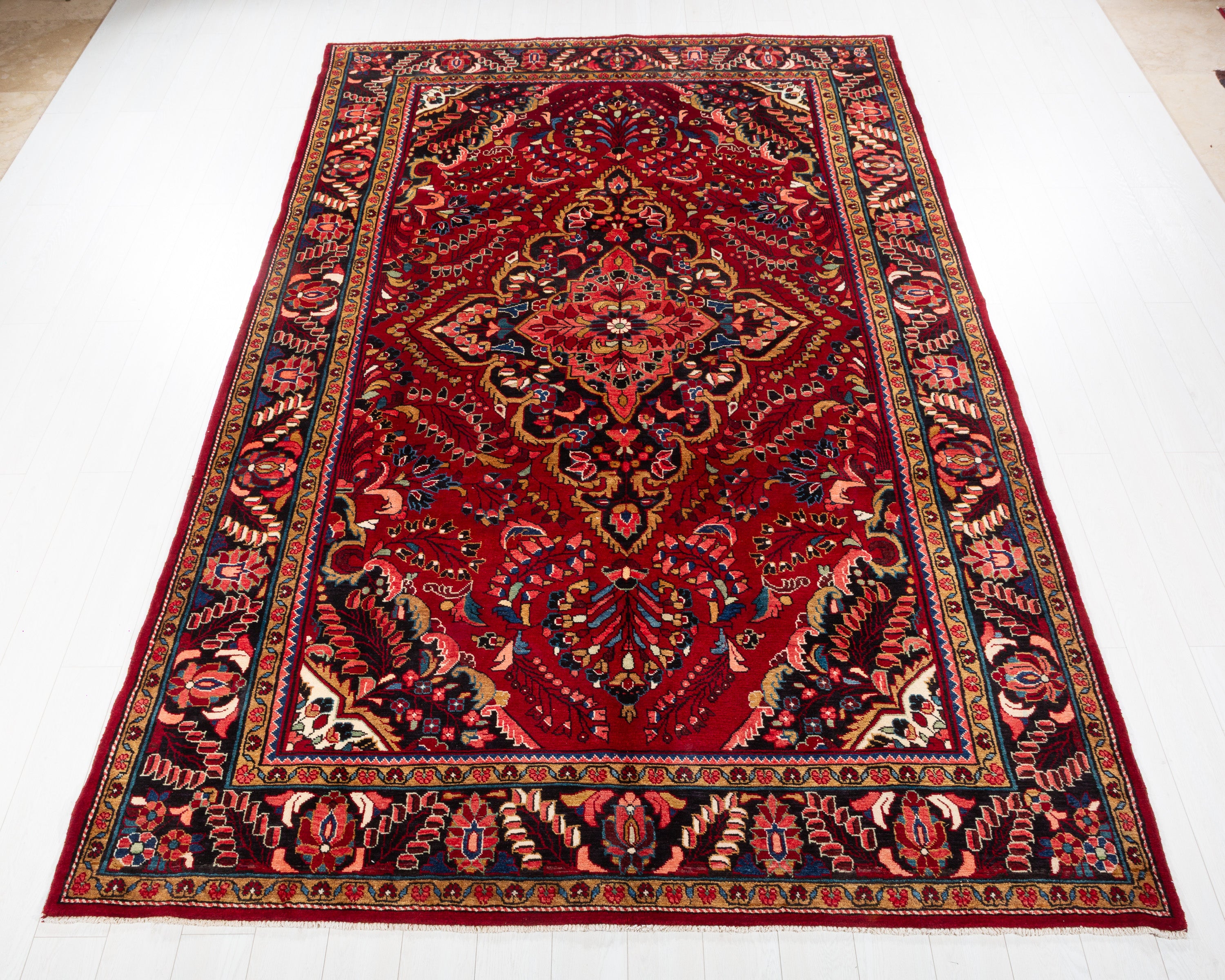 Collectible Vintage Lihlian Red and navy Floral Rug, 7x12 – 11' 6" x 7' 5" (351 x 225 cm) – main view