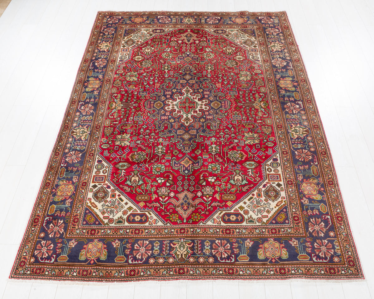 Vintage Tabriz Red and navy Geometric Rug, 7x9 – 9' 5" x 6' 7" (286 x 201 cm) – main view