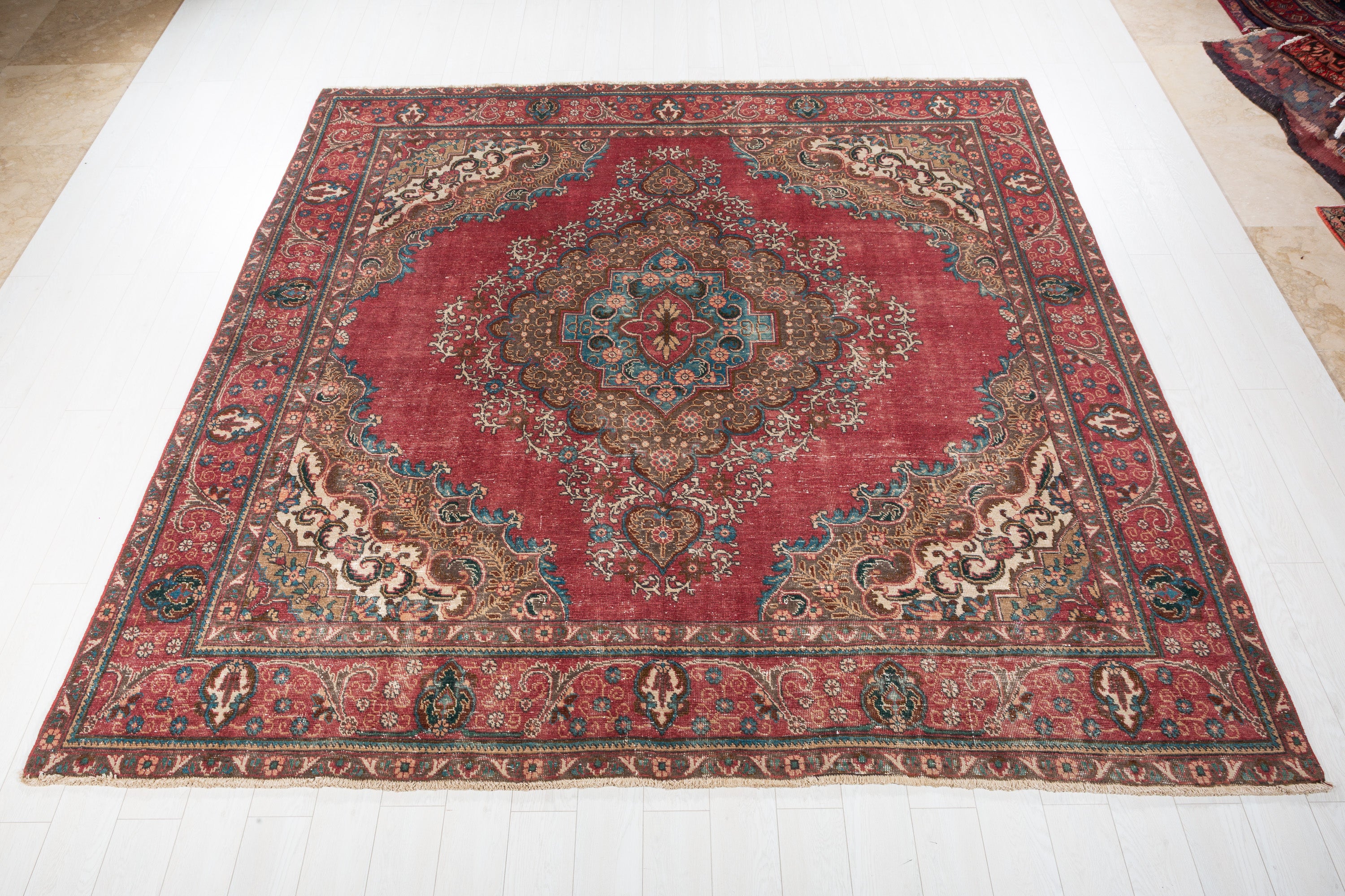 Collectible Vintage Tabriz Magenta and navy Floral square Rug, 9x9 – 9' 3" x 9' 5" (283 x 288 cm) – main view