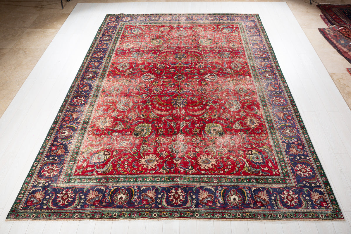 Collectible Vintage Tabriz Red and navy Allover Rug, 9x12 – 12' 5" x 9' 6" (379 x 289 cm) – main view