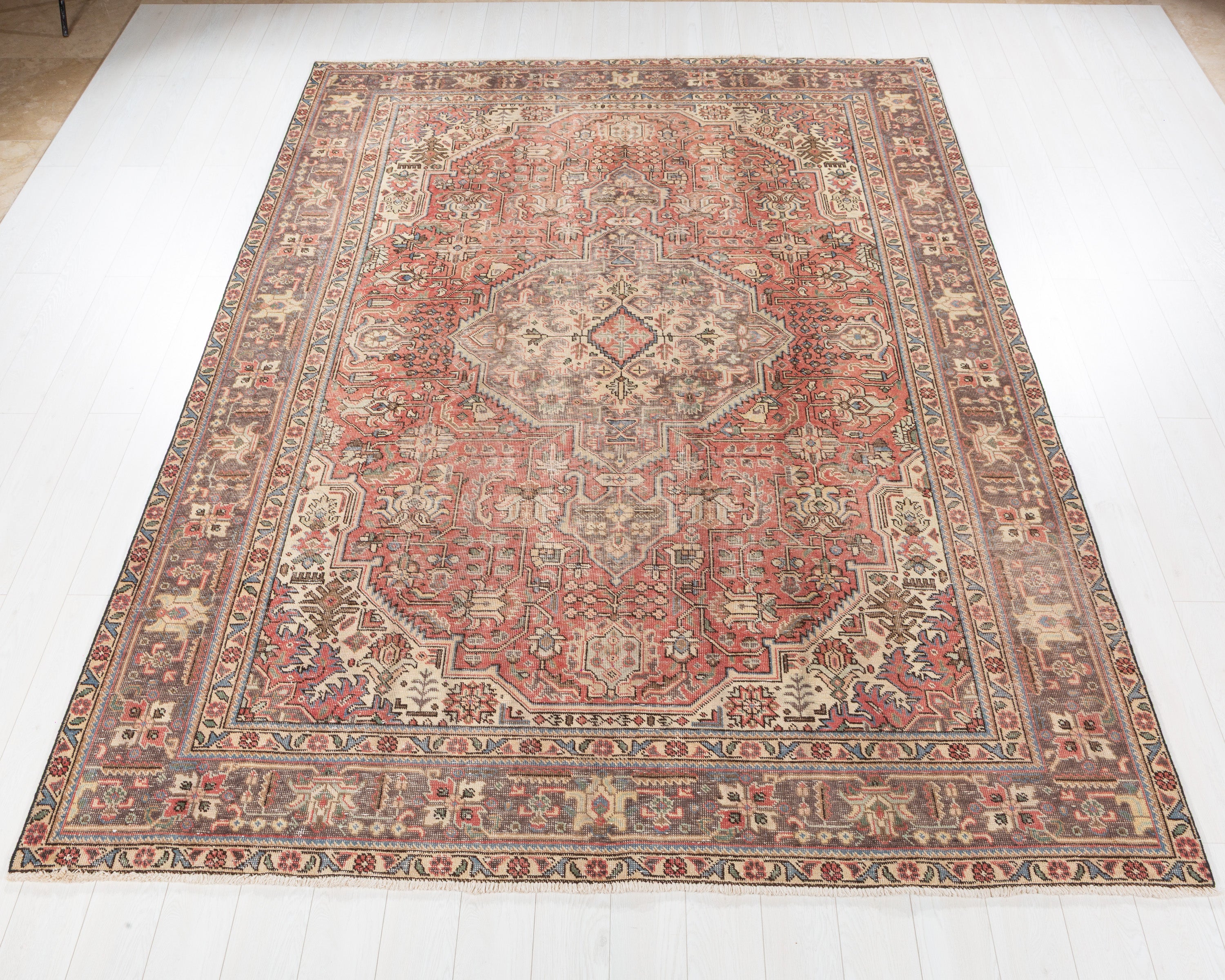 Vintage Tabriz Faded red Floral Rug, 8x11 – 10' 7" x 7' 9" (323 x 236 cm) – main view