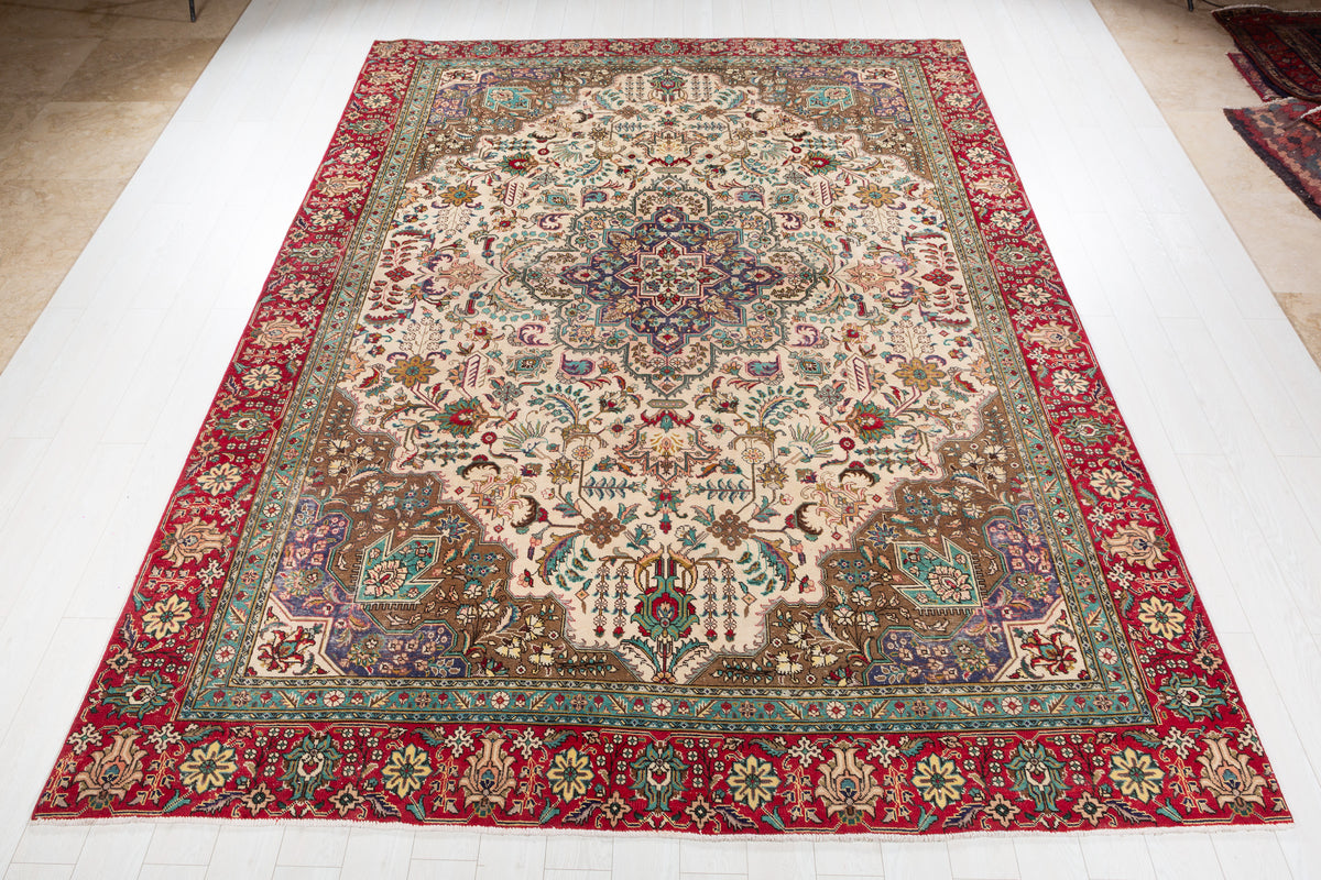 Vintage Tabriz Beige Floral Rug, 9x12 – 12' 1" x 9' 1" (369 x 278 cm) – main view