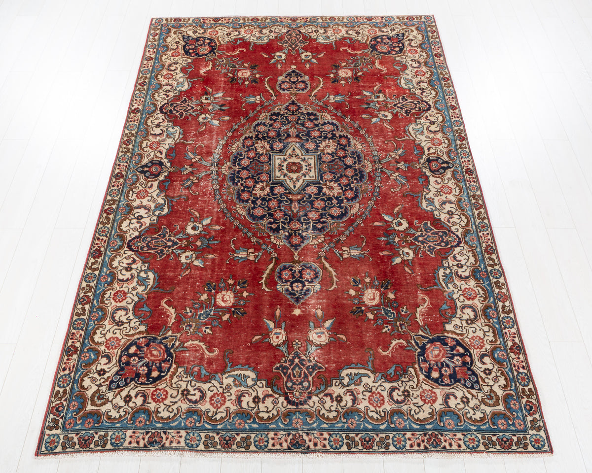 Vintage Tabriz Red Floral Rug, 6x9 – 9' 3" x 6' 1" (282 x 185 cm) – main view
