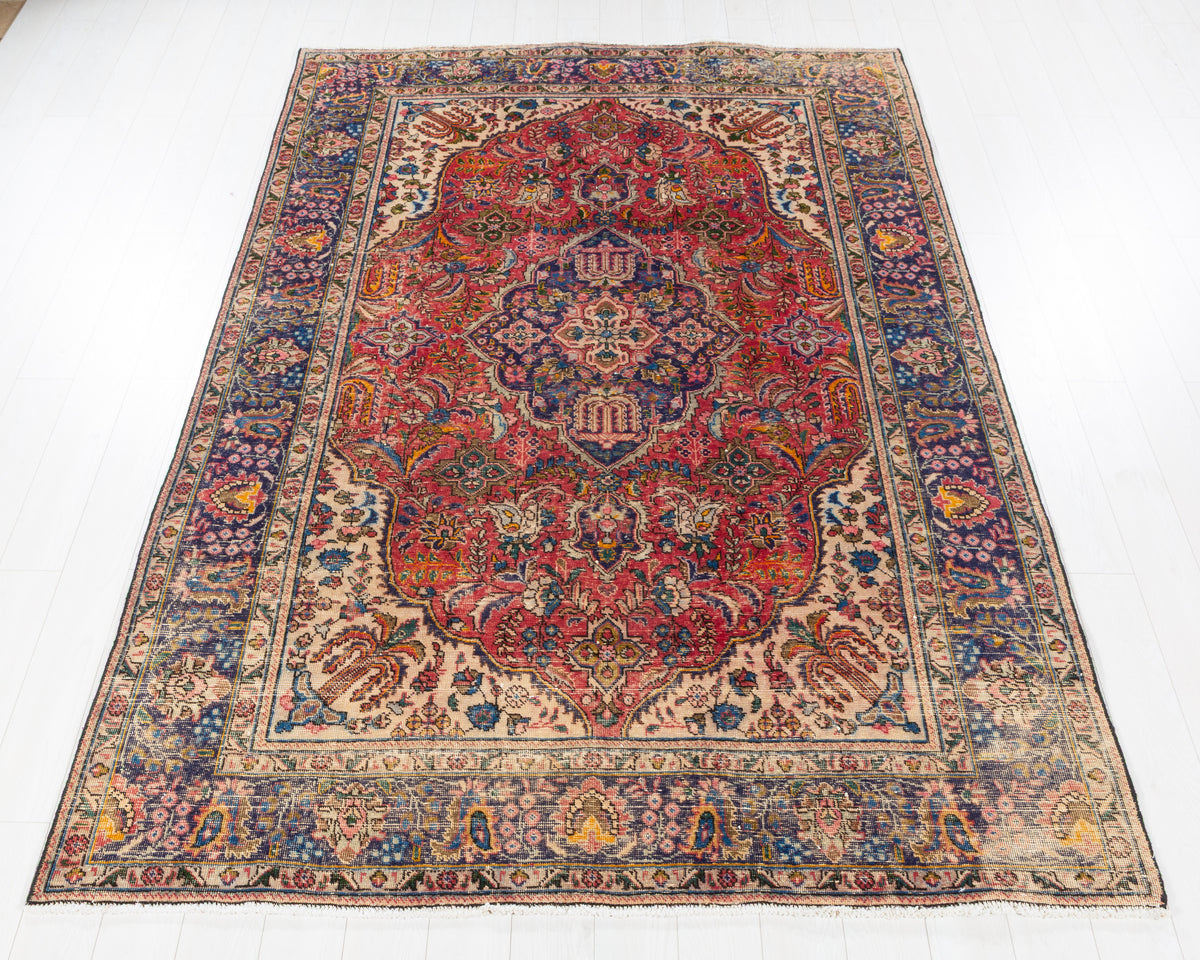 Vintage Tabriz Red and Navy Blue Floral Rug, 7x10 – 9' 10" x 6' 6" (299 x 199 cm) – main view