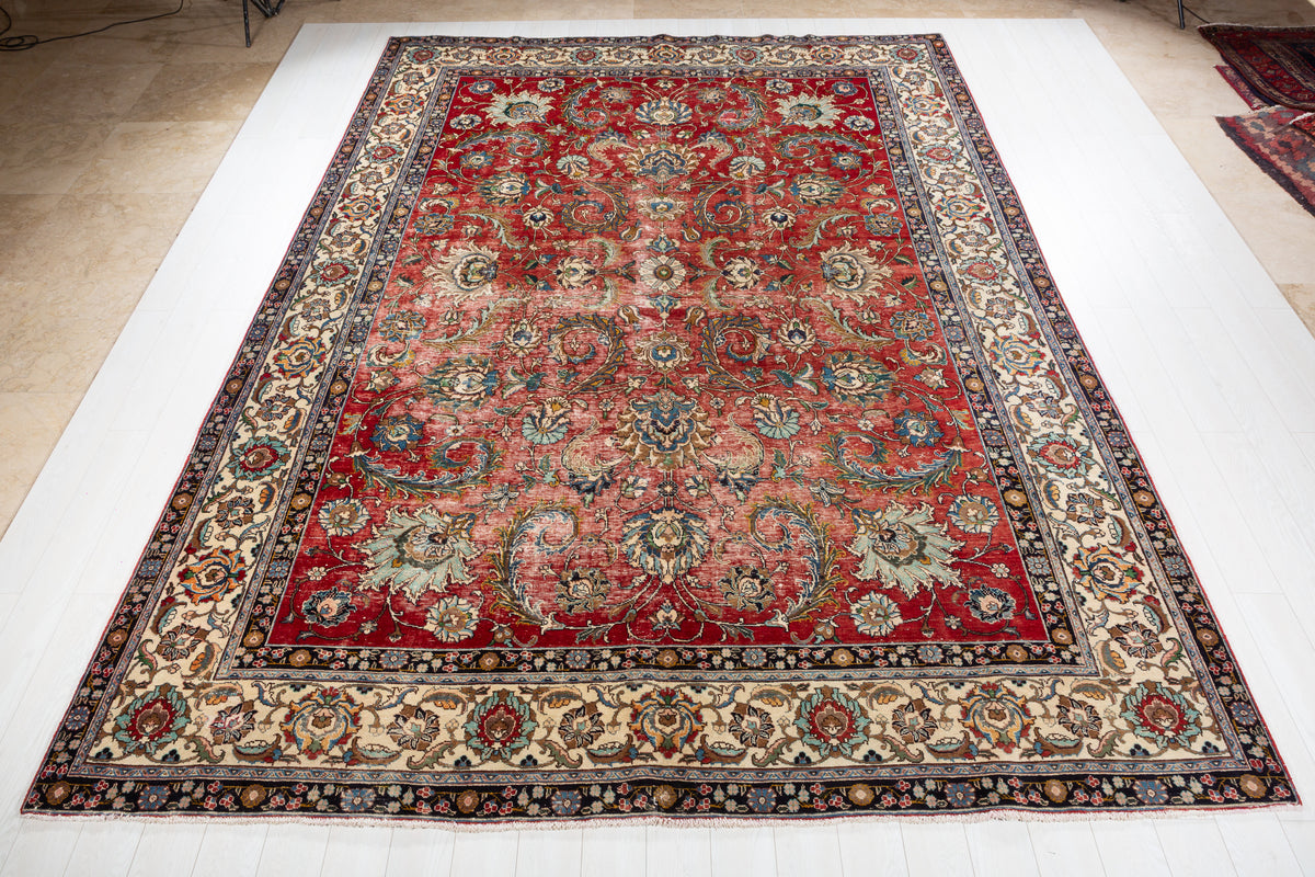 Collectible Vintage Tabriz Red and Beige Allover Rug, 10x13 – 13' 2" x 9' 7" (401 x 291 cm) – main view