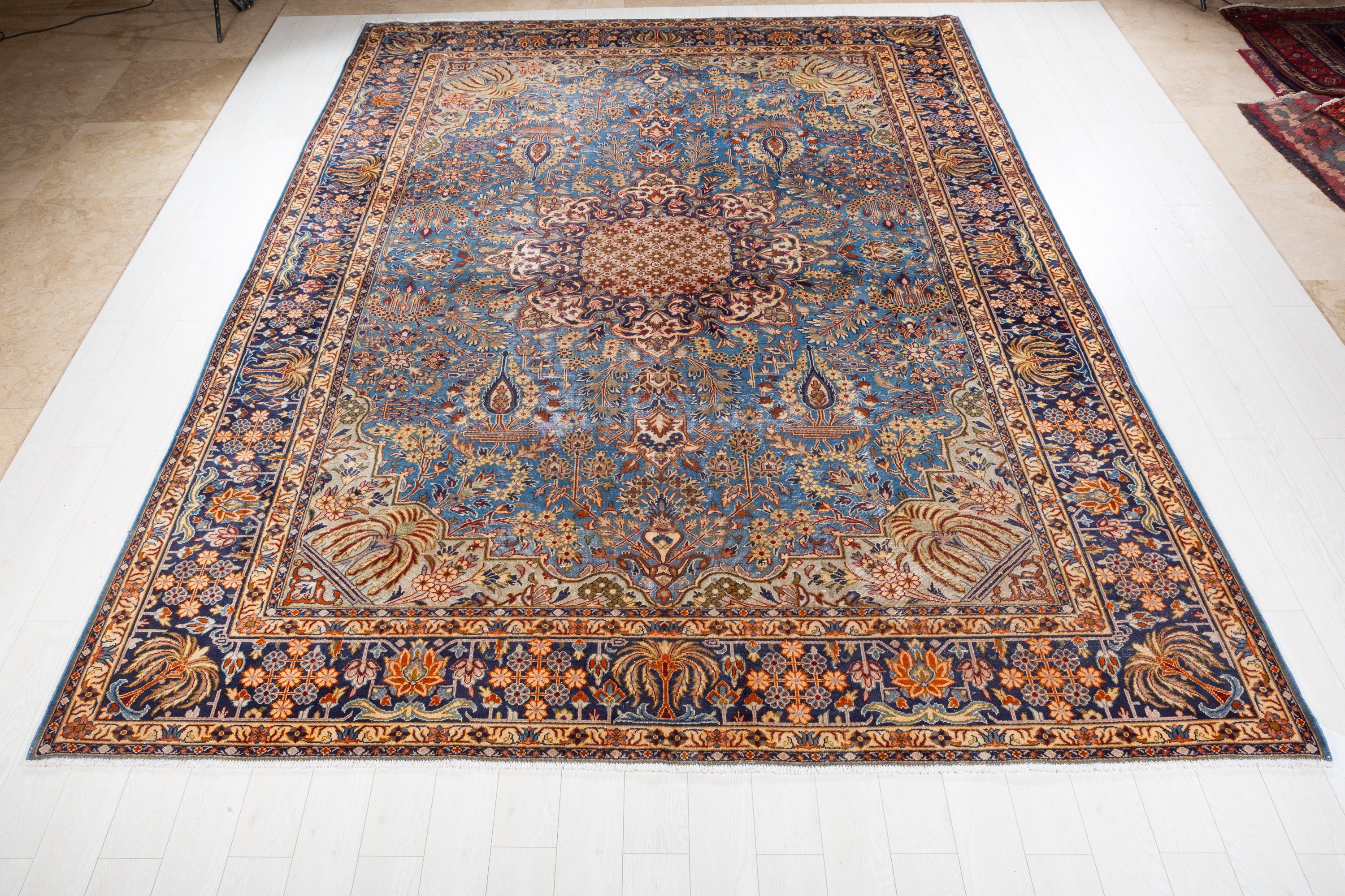 Collectible Vintage Tabriz Turquoise Blue and Navy Blue Floral Rug, 10x13 – 12' 9" x 9' 10" (388 x 300 cm) – main view