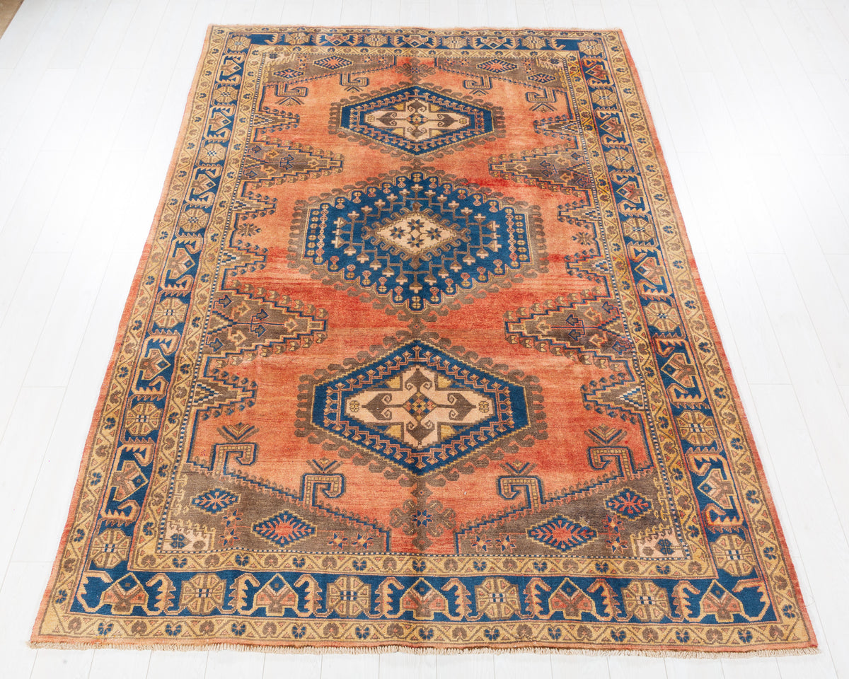 Collectible Vintage Viss Faded orange-red and navy Geometric Rug, 7x10 – 9' 11" x 6' 7" (302 x 200 cm) – main view