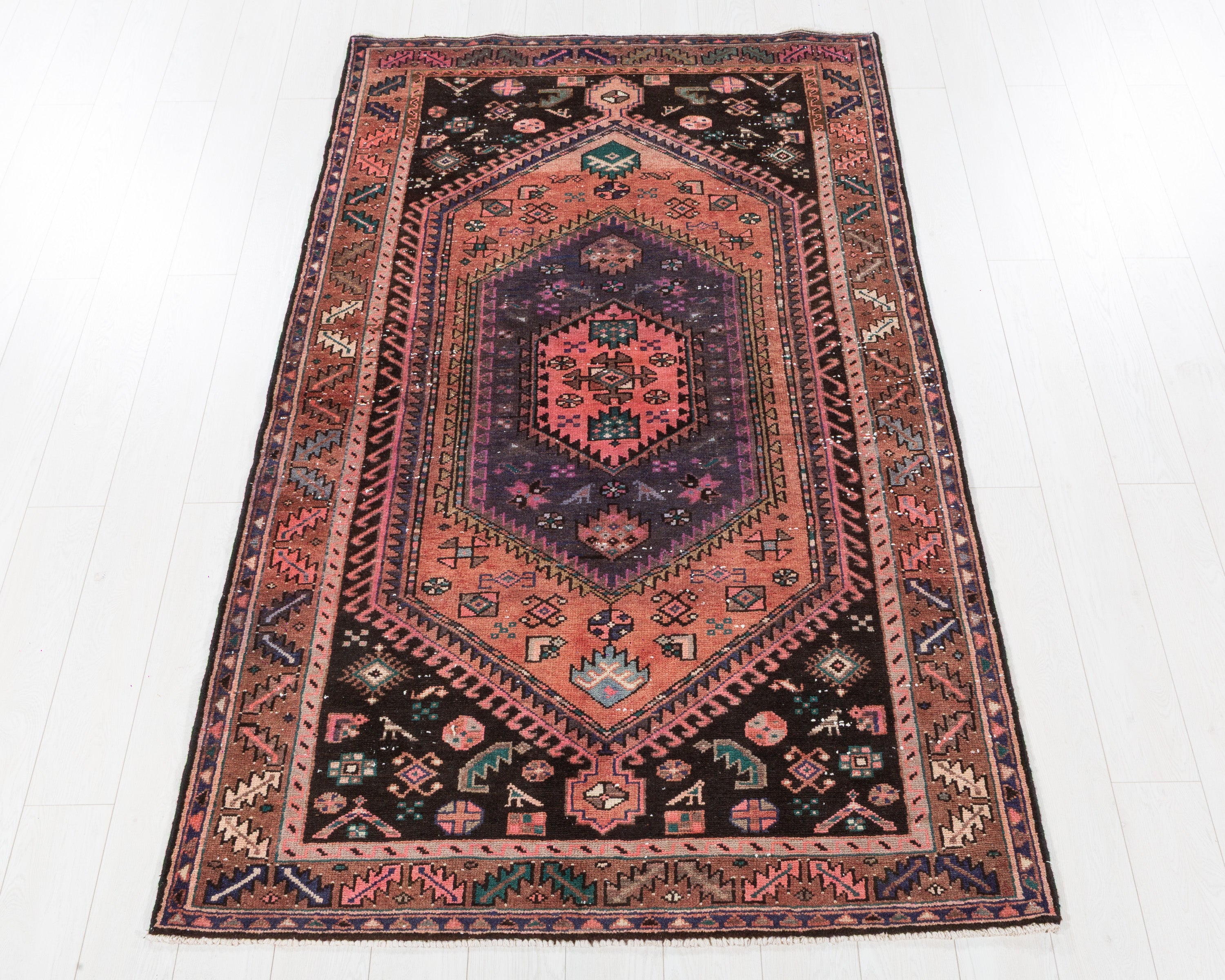 Vintage Zanjan Faded rust red and purple Geometric Rug, 4x7 – 7' 6" x 4' 5" (228 x 134 cm) – main view