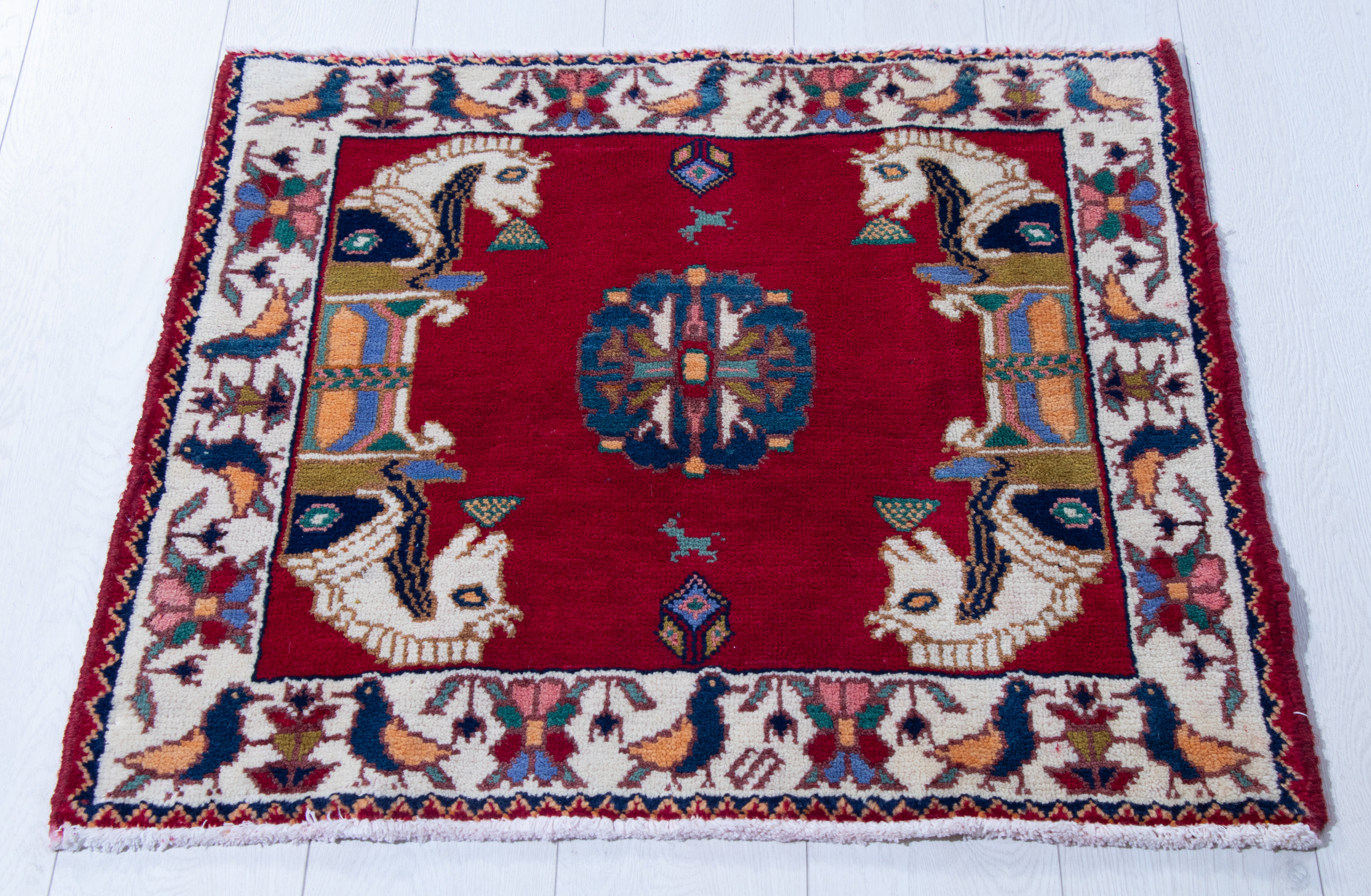 Hand-Knotted Vintage Wool Small Area Rug – 2' 4" x 2' 2" (72 x 66 cm) - Yasi & Fara